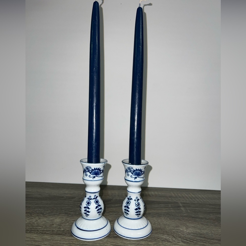 Blue and White Ceramic Candle Holders Vintage Enesco Made in Japan w Candles!